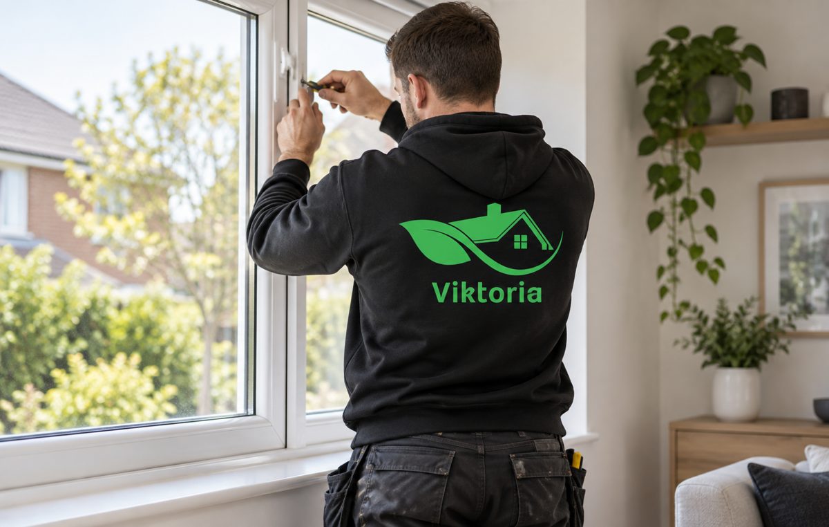 Mitarbeiter von Hausmeisterservice Viktoria bei der Fensterreparatur – Logo auf dem Hoodie